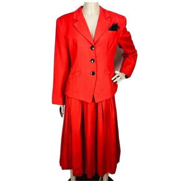 Vintage 90s Michelle Stuart Red Pleated Full Skirt & Blazer Business Suit Size 6